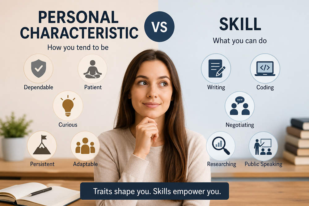 What is the main difference between a personal characteristic and a skill